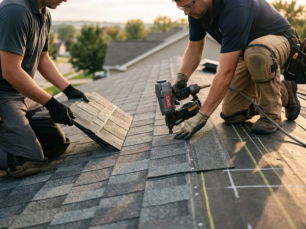 Professional roofer working on a residential roof in Kenton
